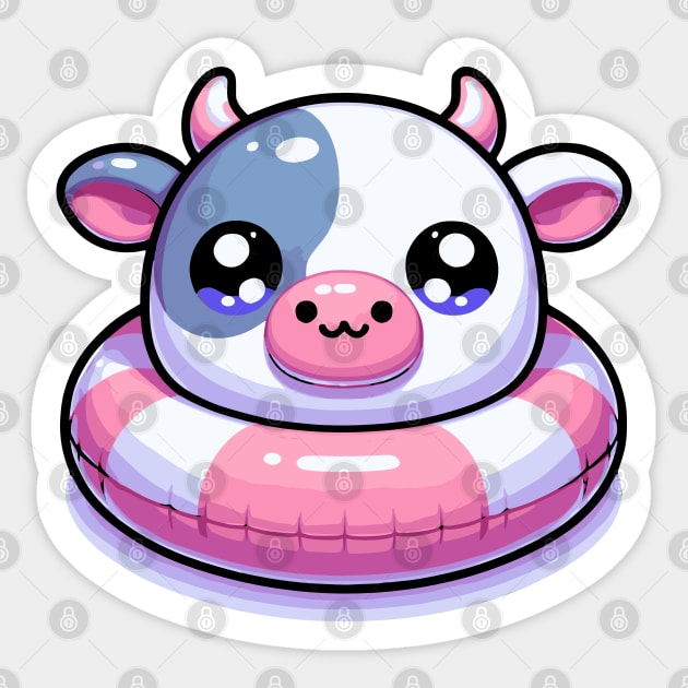 Kawaii Cow on a Pool Float Sticker by Mey Designs